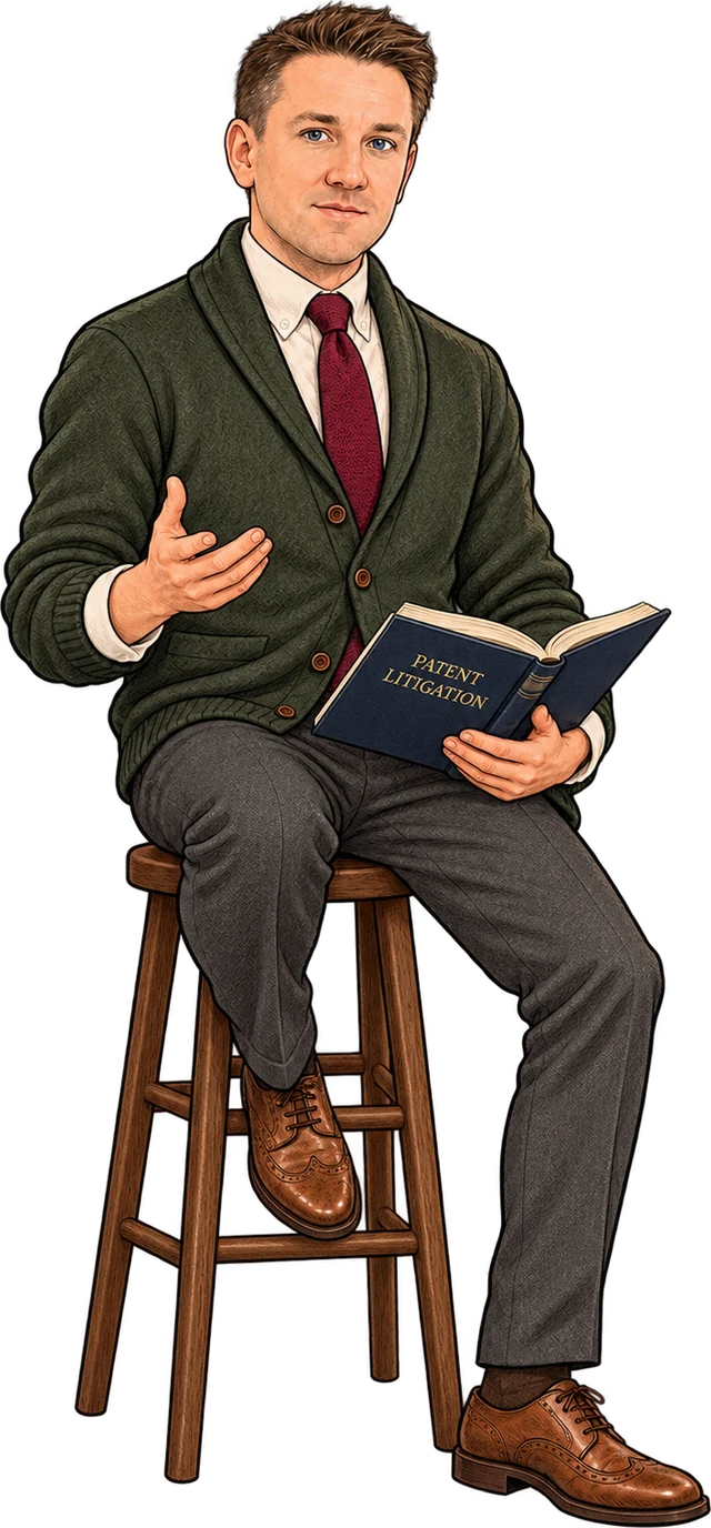 Patent Law Joe, an illustration of Joe seated with an open Patent Litigation book