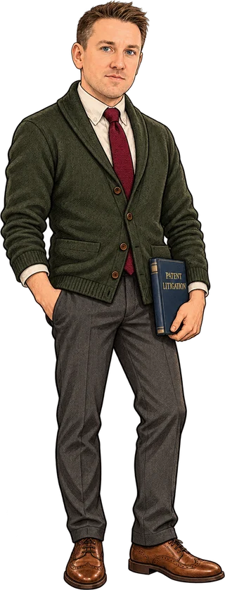 Patent Law Joe in a green cardigan holding a slim law book